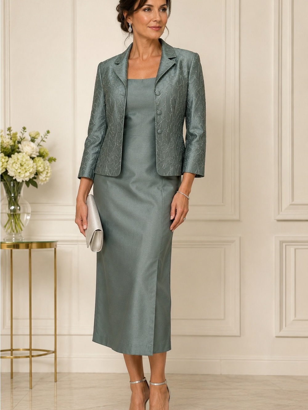 Cachet Sage Green Formal Dress & Jacket Set Beaded Evening Mother of Bride